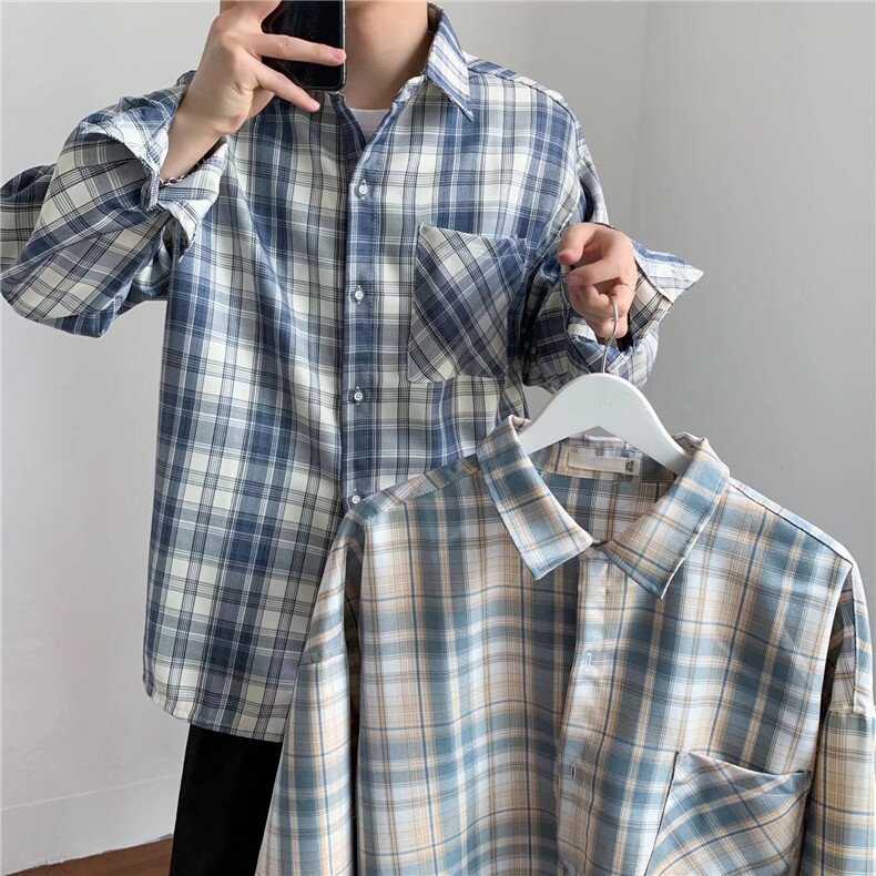 C177-P30ins简约慵懒文艺流行日系气质格子衬衫时尚原宿新款,男装衬衫,电商B323A