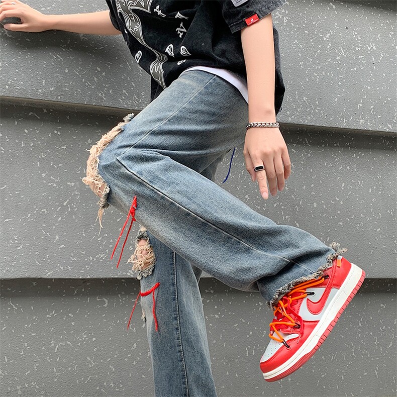 美式高街破洞牛仔裤直筒ins潮牌休闲宽松长裤裤子男女N0477-P45,男装牛仔裤,星座308B-1