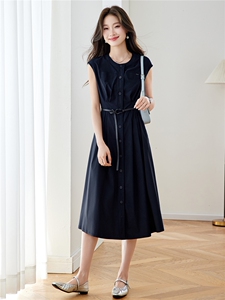 现货！藏青色中长款连衣裙女2026年夏季新款时尚气质优雅韩版裙子图片