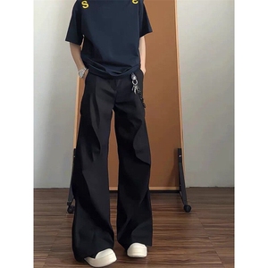 美式垂感直筒西裤男春夏季潮牌宽松褶皱cleanfit拖地阔腿休闲裤子图片