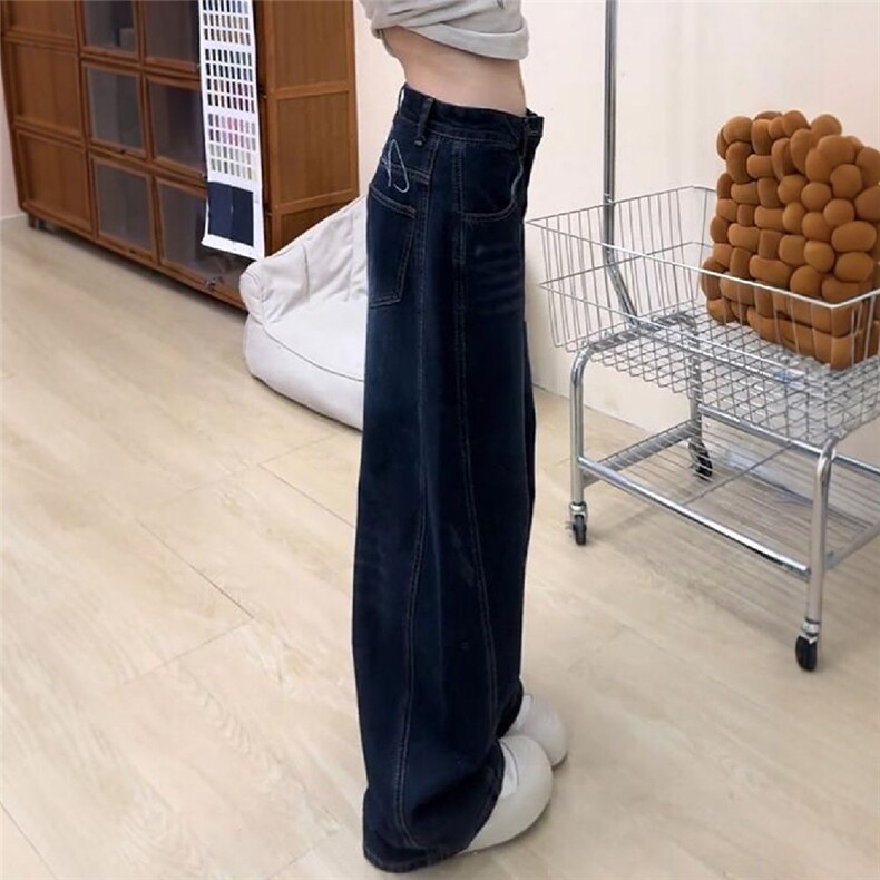 小个子美式设计刺绣复古弯刀阔腿牛仔裤女宽松新款显瘦拖地长裤子,男装牛仔裤,星座1210-1