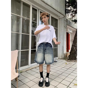 夏季水洗做旧牛仔短裤男休闲直筒宽松百搭阔腿五分裤男GA533-P40图片