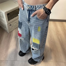 夏季涂鸦新款男洗水破洞牛仔裤男女阔腿拖地裤直筒裤子N0078-P45，男装牛仔裤，星座308B-2