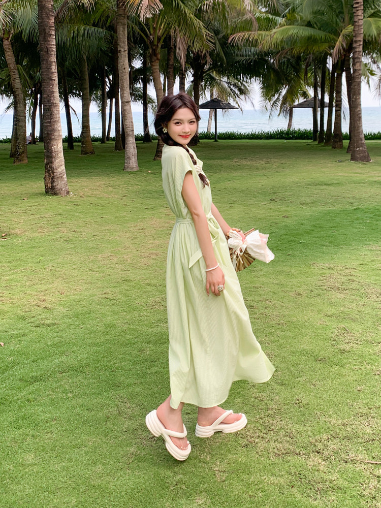 2024新款条纹绿色衬衫连衣裙【现货】082-3632P125K178,女装连衣裙,浙宝192（原082）