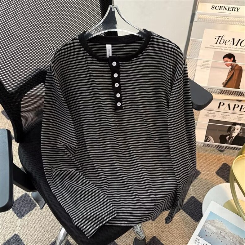 W11129-P48网图现货春季新款宽松条纹撞色长袖T恤百搭打底衫，男装T恤，星座1608