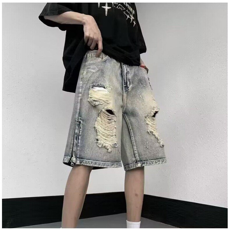 牛仔裤破洞宽松直筒水洗五分裤夏季纽扣青春流行潮百搭简约,男装牛仔裤,星座410-7