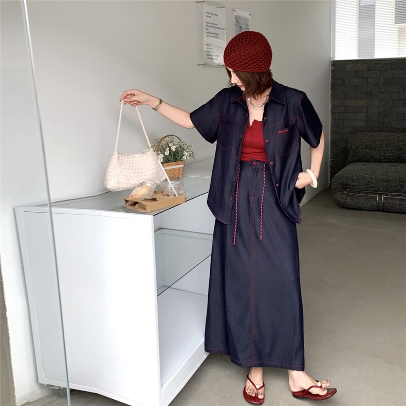 （新款现货）2025夏装短袖大版宽松明线天丝牛仔套装两件套，女装套装/套裙，印象茜