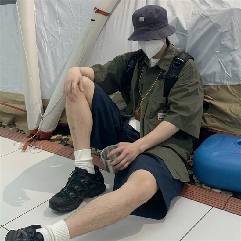 CS3165p55限78夏季休闲军绿色大码宽松多口袋尖领衬衫,男装衬衫,电商A089-1