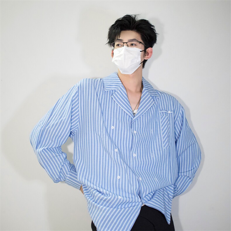 明星私服撕漫男衬衫外套学院风男大竖条纹衬衫翻领外套 P45图片