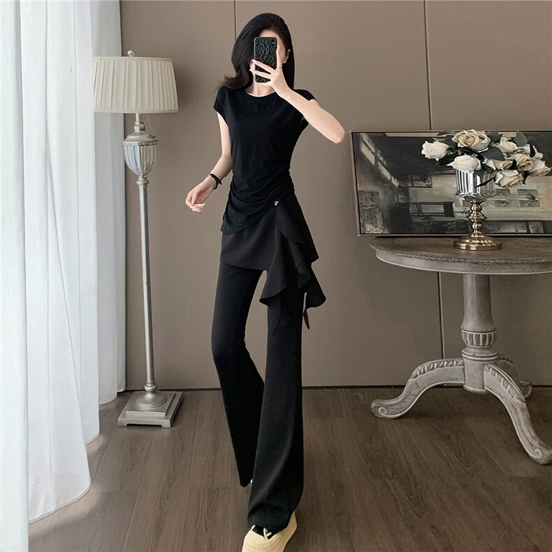 时尚气质减龄套装女夏新款圆领短袖假两件上衣修身显瘦长裤两件套,女装套装/套裙,江南