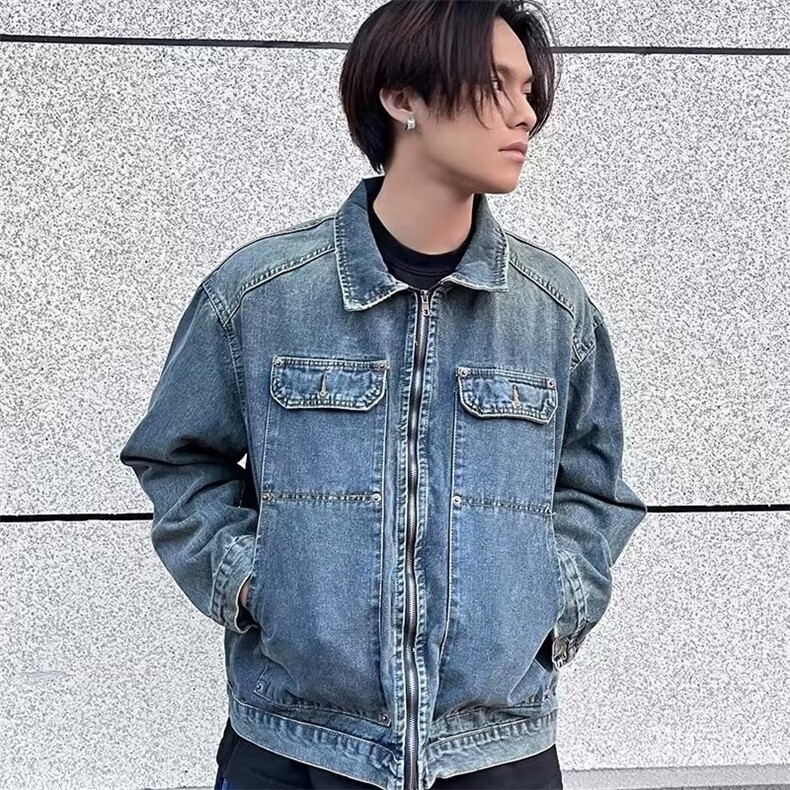 重工水洗牛仔外套男士美式复古春秋新款工装宽松大码轻奢潮牌夹克,男装工装外套,星座506A