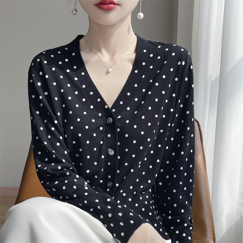 100%莱赛尔天丝针织长袖开衫女V领波点拼色毛衣气质宽松外搭上衣,针织衫/毛衣,凯思米羊绒