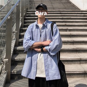 2026夏装新款条纹绣标短袖五分袖衬衫潮男衬衣 CS8090/P40 蓝色图片