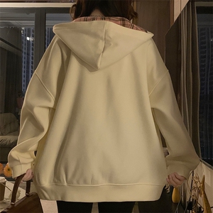 美式复古拼接格子连帽卫衣女初秋宽松hiphop开衫外套潮 C812-P100图片