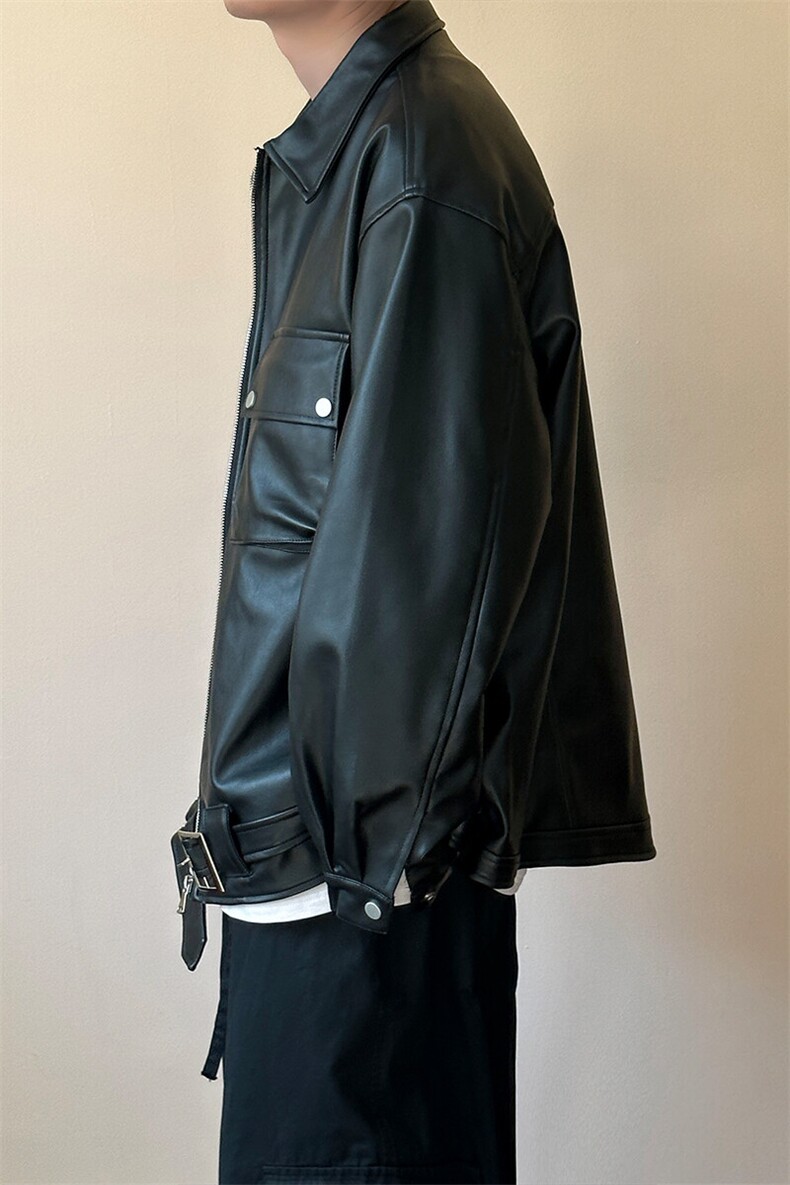 现货-潮牌工装皮夹克男时尚宽松皮衣帅气潮流机车服-AP23092-P110,男装皮衣,电商A351