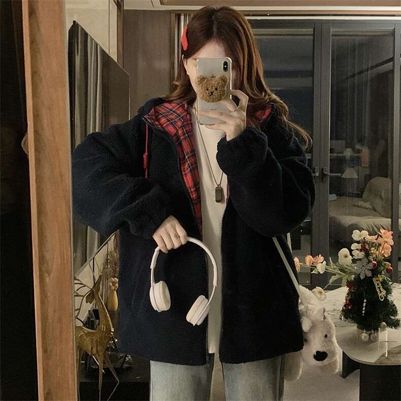 C926-P125冬季羊羔毛拼格子连帽防寒服外套宽松加厚保暖开衫外套,男装棉衣,星座911-2(原星座613-2）