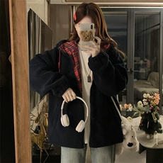 C926-P125冬季羊羔毛拼格子连帽防寒服外套宽松加厚保暖开衫外套，男装棉衣，星座911-2(原星座613-2）