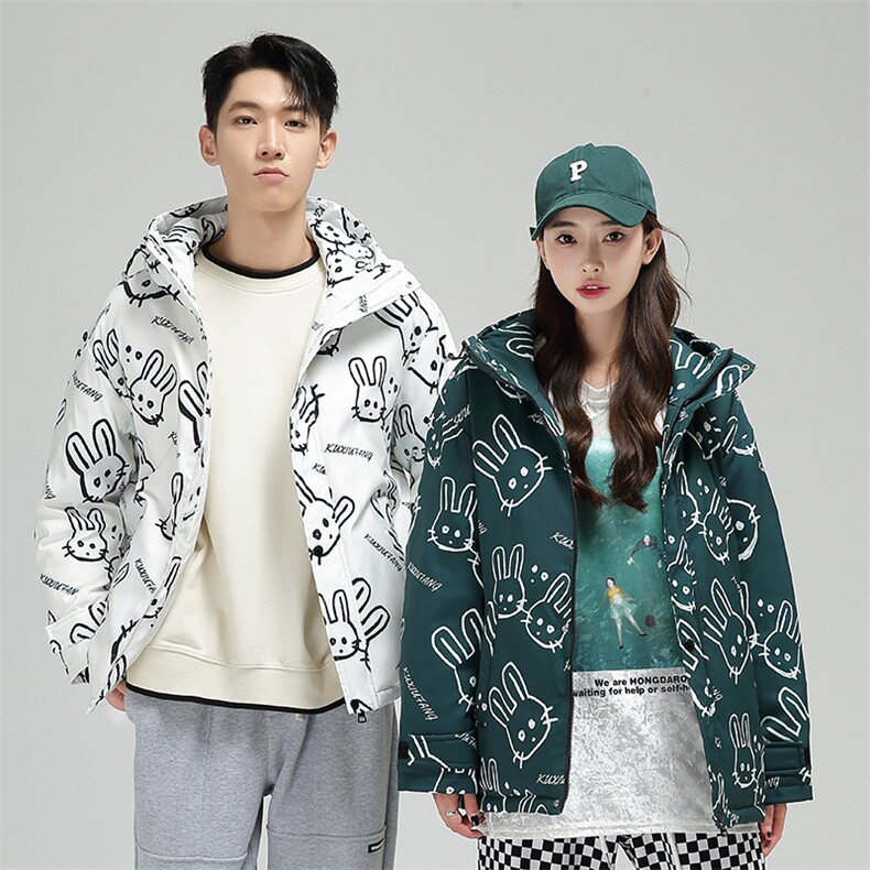 冬季青年新款连帽外套潮满印印花羽绒服男女情侣短款Y235-P100图片