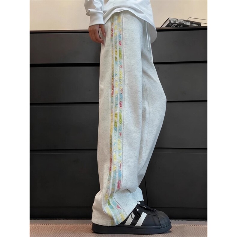 彩色花卉三条杠运动卫裤男秋季美式潮牌情侣阔腿裤显瘦窄版长裤子图片