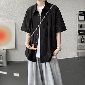 美式扎染冰丝速干短袖衬衫男夏季潮牌宽松痞帅双门襟西装衬衣外套图片