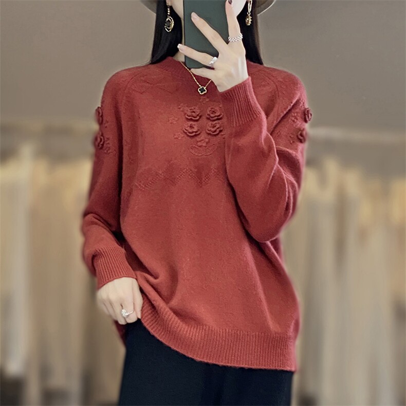 秋冬半高领100%纯羊毛衫刺绣钩花上衣女宽松羊绒衫长袖针织衫毛衣,女装羊毛衫,江南羊绒