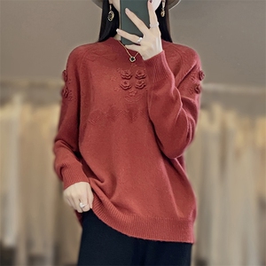 秋冬半高领100%纯羊毛衫刺绣钩花上衣女宽松羊绒衫长袖针织衫毛衣