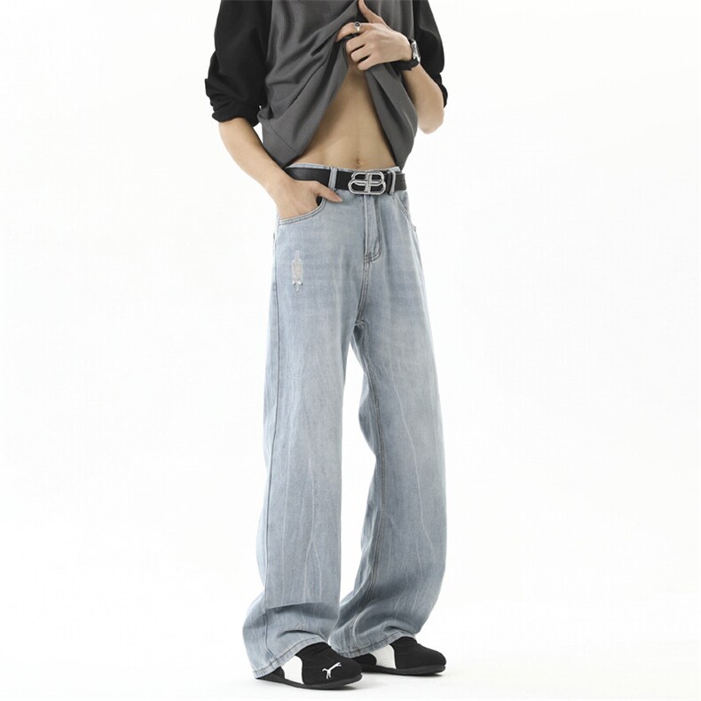 经典水洗蓝直筒微喇版型磨破洞百搭通勤休闲牛仔310A-4-NZ66-P55，男装牛仔裤，星座310A-4