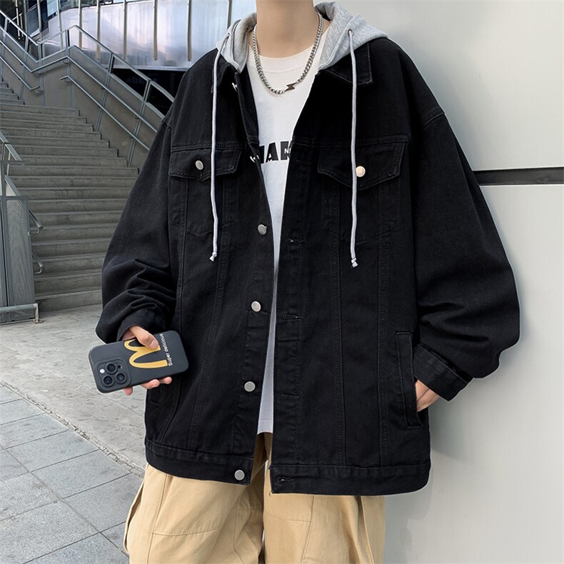 A849-P53秋季新款假两件休闲夹克潮牌帅气宽松连帽牛仔外套男,男装夹克,星座512-6