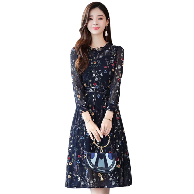 碎花经典款高档气质收腰显瘦中长款连衣裙,女装连衣裙,丽莎妳雅