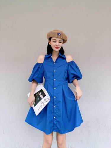 韩版漏肩泡泡袖连衣裙，女装连衣裙，玩美