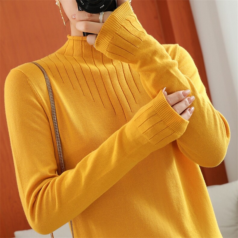 长袖套头纯色2024年秋季半高圆领修身针织衫，女装针织衫/毛衣，鹏源羊绒