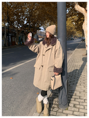 卡其色工装连帽圈圈毛拼接羽绒服女2026年冬季新款90绒长款派克服，女装羽绒服，2C159