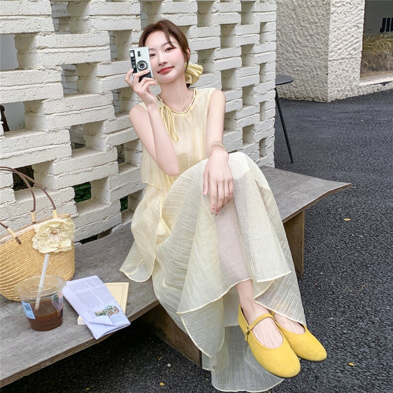 温柔风法式浪漫蓝色无袖背心连衣裙女夏2025新款独特漂亮显瘦长裙,女装连衣裙,1D102-1