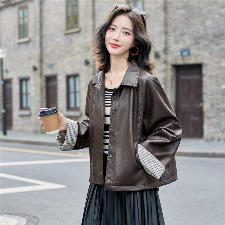 小个子韩系休闲皮衣外套女2025春秋新款时尚百搭显瘦长袖夹克上衣,女装皮衣,英标秀（1C119）