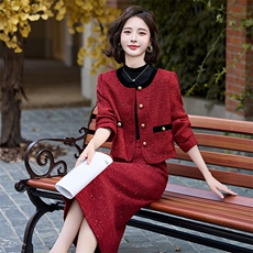 小香风名媛气质套装裙女2025春秋新款高级感红色包臀半身裙两件套，女装套装/套裙，奕薇雅
