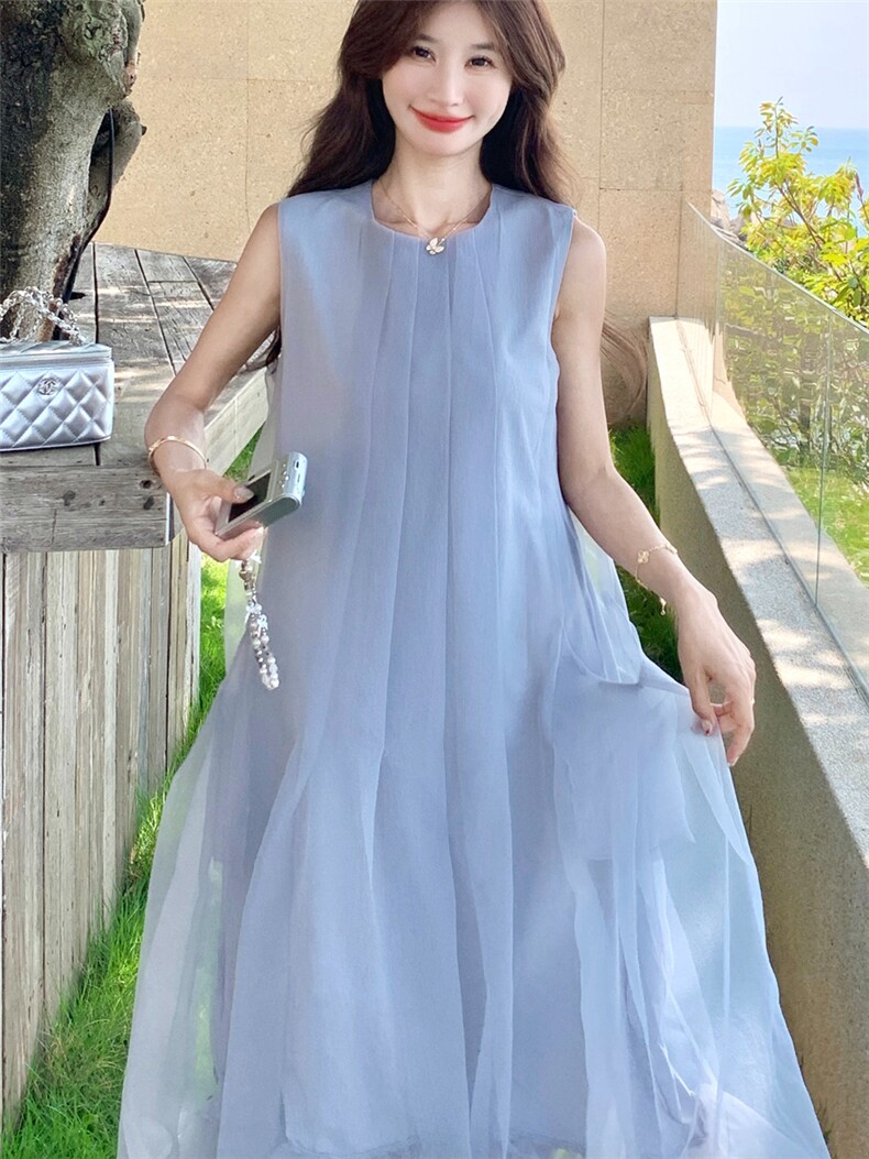 新款主推夏季欧根纱无袖显瘦复古仙女连衣裙2247-P140-K219,女装连衣裙,网红馆