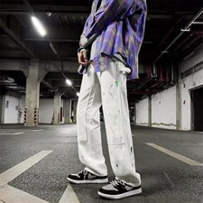 美式高街泼墨牛仔裤男hiphop小众设计感裤子NK111P42图片