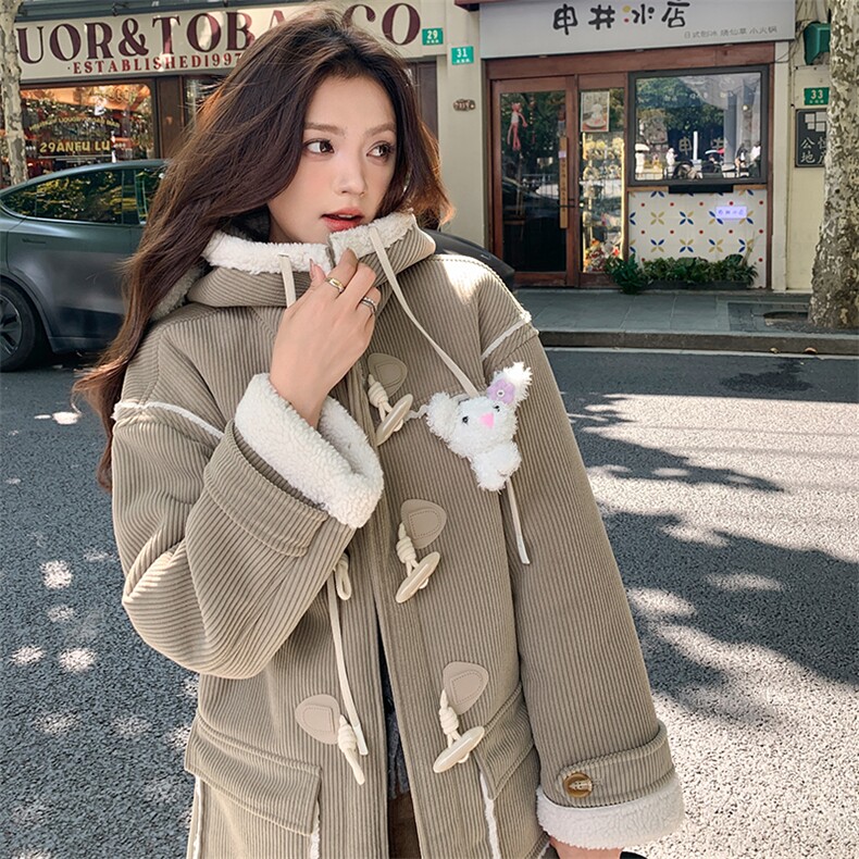 连帽灯芯绒皮毛一体外套可爱可拆卸玩偶棉服,女装棉衣/棉服,天使之佳话