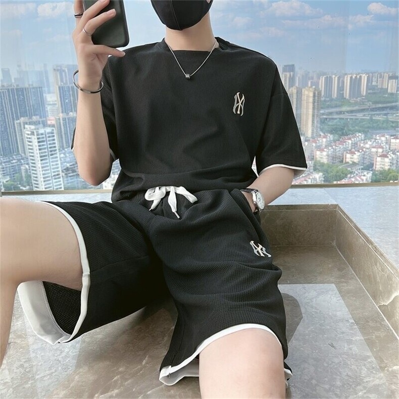 网图7538-P55休闲运动套装男士夏季华夫格短袖短裤搭配男装两件套,男装牛仔裤,电商D310B-1
