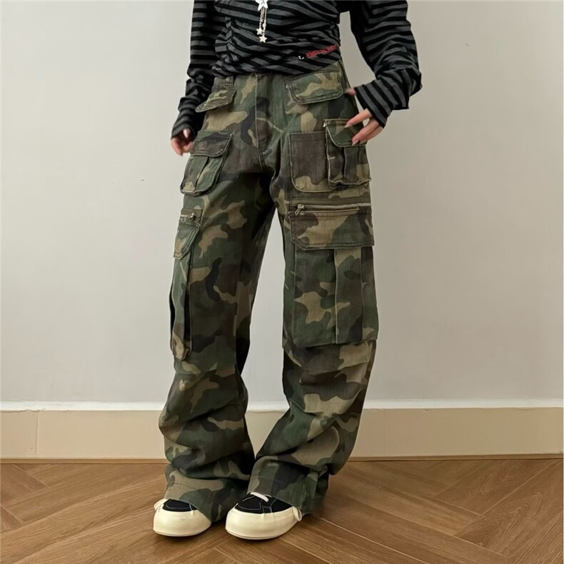 美式高街迷彩多口袋设计直筒微喇牛仔裤男女百搭长裤潮MK161 P85图片