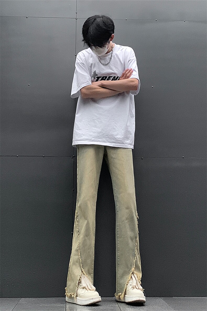 现货24春夏黄泥开叉毛边宽松牛仔裤设计感微喇休闲裤男K5803-P55,男装牛仔裤,星座205