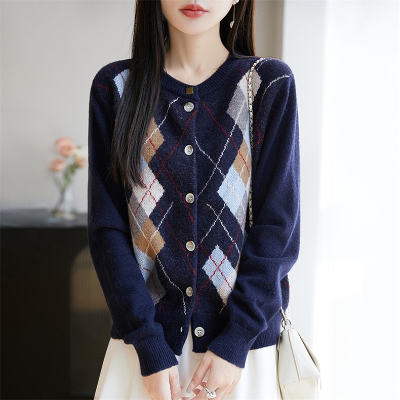 春秋菱格提花100%羊毛针织开衫女圆领拼色加厚毛衣宽松羊绒衫外套，女装针织衫/毛衣，暖烁特种纱工厂店