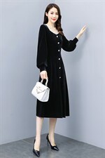 2021春季新款潮流时尚优雅单排扣修身金丝绒连衣裙，女装连衣裙，贵人树