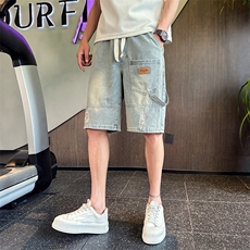 2025新款水洗牛仔短裤男士破洞绣标休闲夏季五分裤男901N19P38，男装牛仔裤，星座901