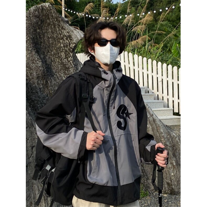 春秋冬款工装连帽夹克潮流拼色宽松百搭户外冲锋衣外套Z211-P65,男装夹克,星座1007（原301D）