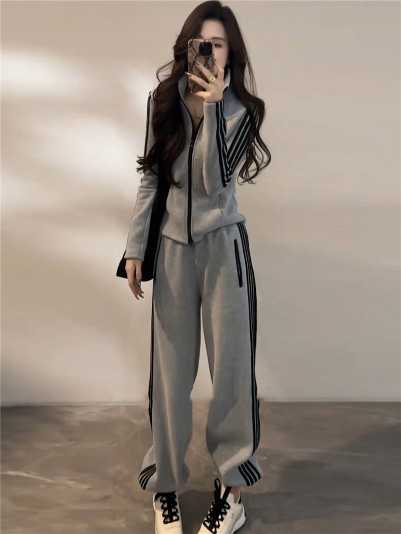 时尚休闲减龄套装女春新款修拉链开衫立领长袖上衣阔腿长裤两件套,女装套装/套裙,江南
