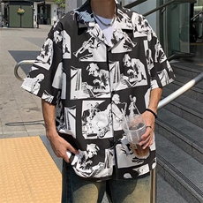美式高级感短袖衬衫男夏季潮牌痞帅嘻哈宽松休闲夏威夷五分袖衬衣，男装衬衫，星座716-4