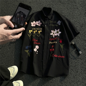 主推 美式复古华夫格彩色花卉刺绣短袖衬衫情侣上衣男H939 P68图片
