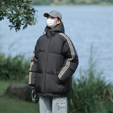 冬季港风三条杠撞色连帽棉衣加绒加厚拼色加厚棉衣外套MY6088P90，男装棉衣，电商A128