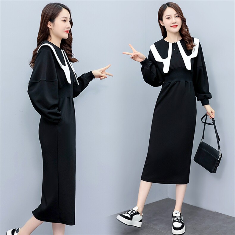 黑色娃娃领法式连衣裙女早秋季赫本风收腰卫衣裙子2022新款欧洲站,女装连衣裙,曼娅璐